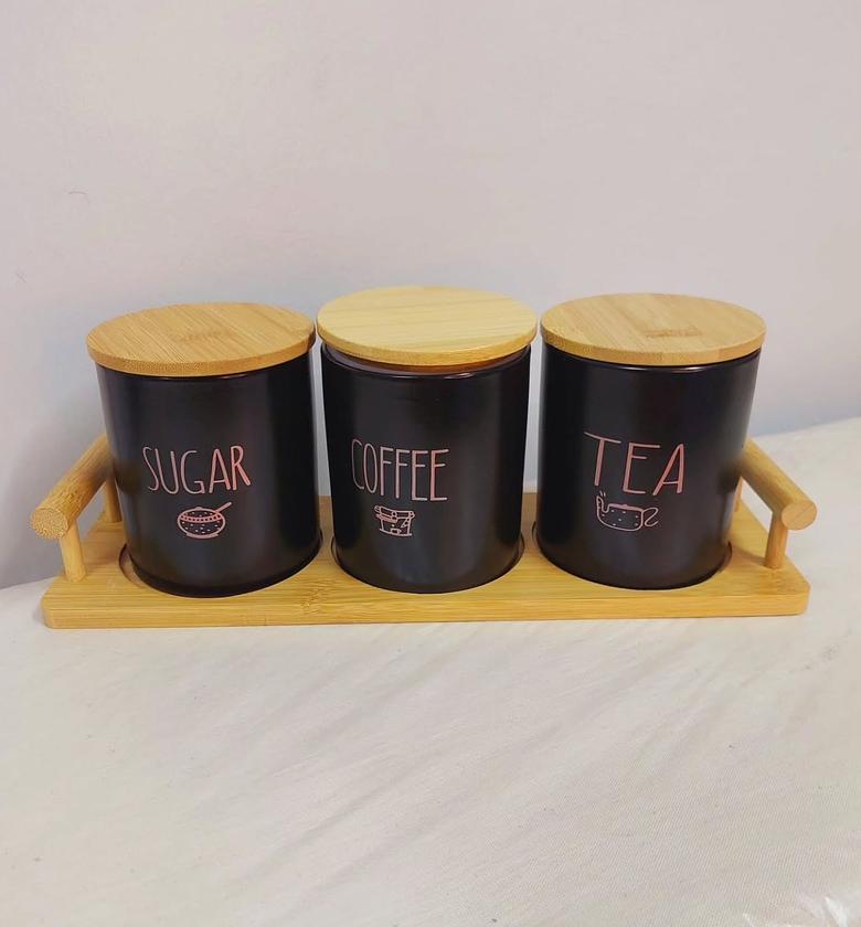 3pc Ceramic canisters with bamboo lid. image