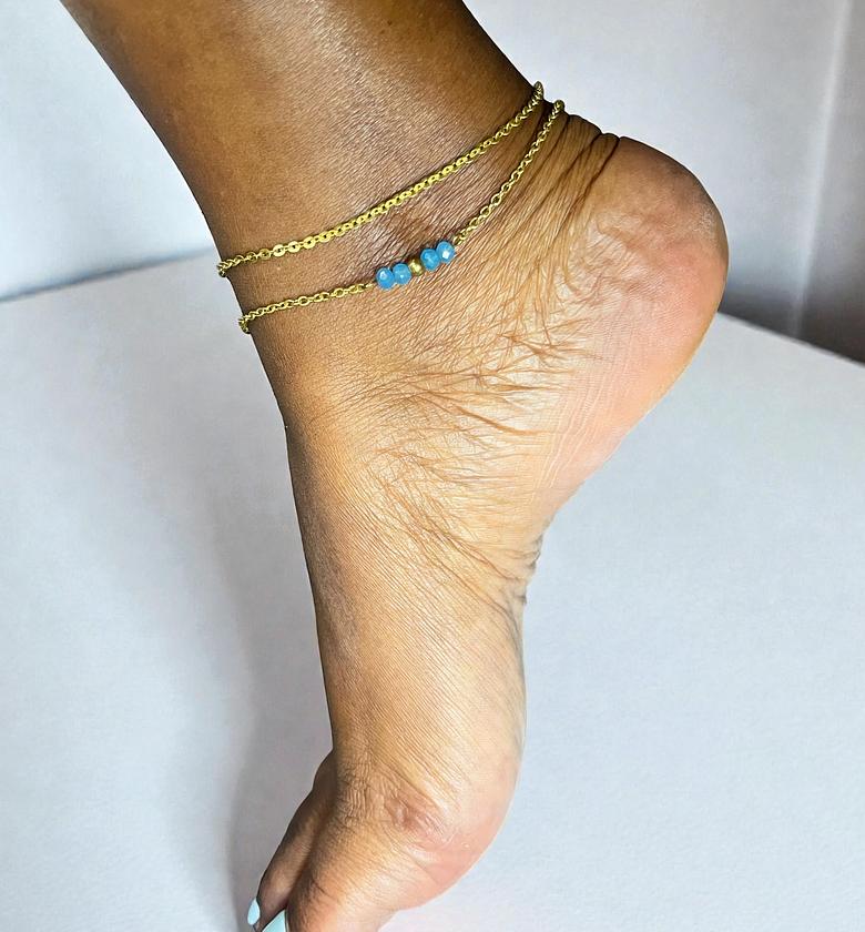 Blue Beaded Brass Anklets image