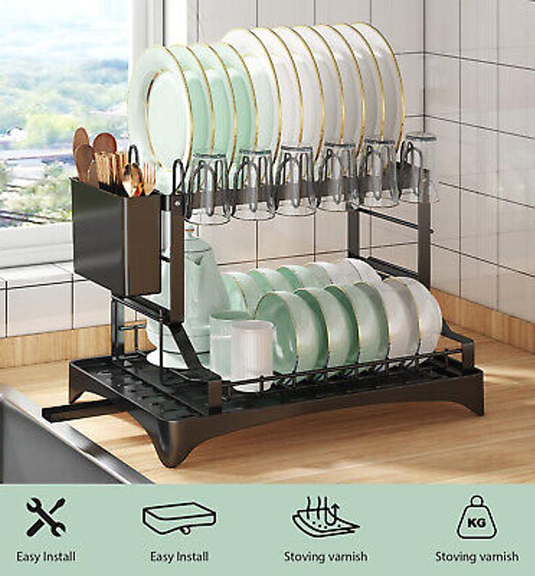 2 layer multifunctional bowl rack dish drainer now available in black colour  image