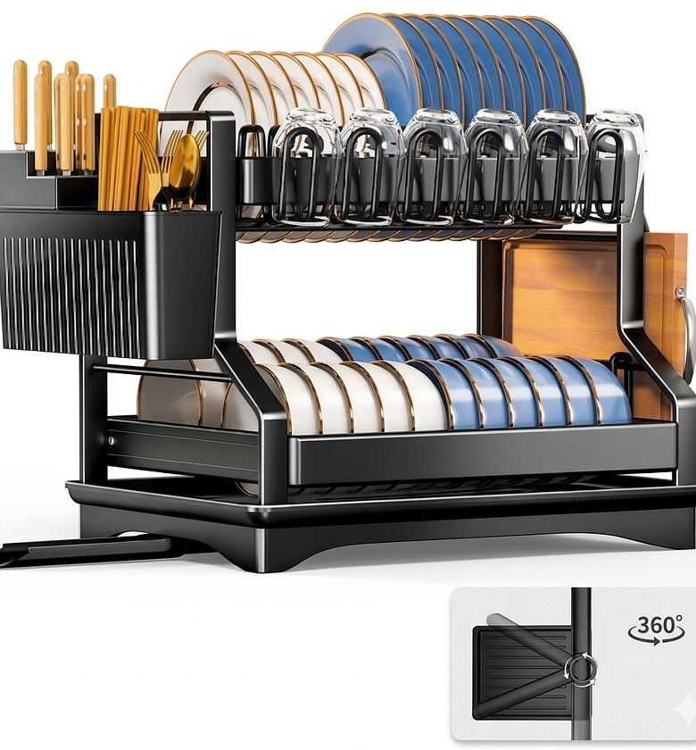 Premium 2-Tier Stainless Steel Kitchen Dish Rack Organizer with Drainage System - Anti-Rust Black Dish Drying Rack for Modern Kitchens image