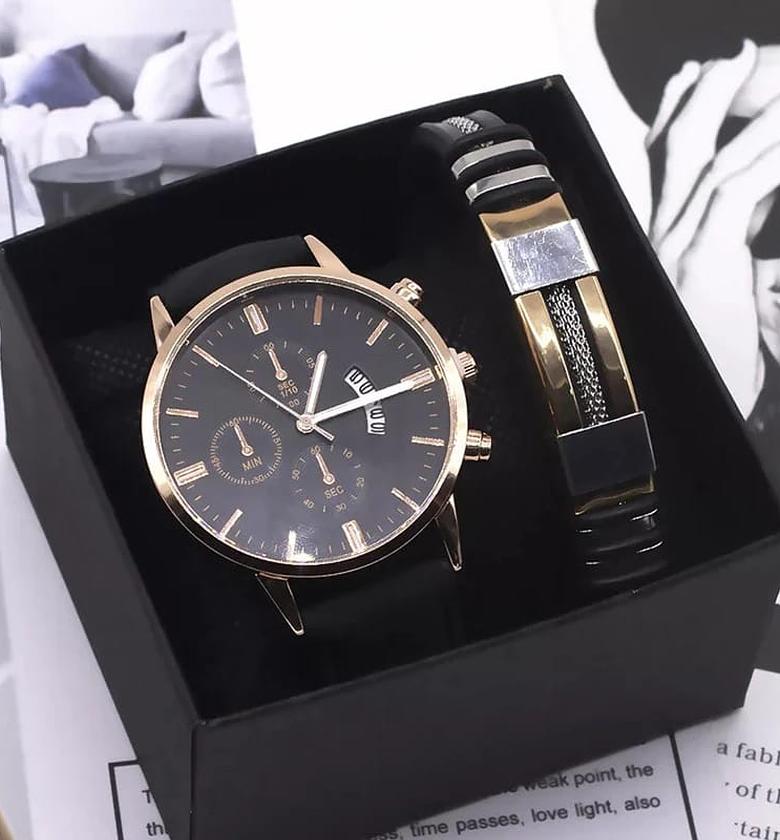 2-Piece Men's Business Luxury Gift Set with Quartz Calendar Watch and Designer Bracelet image