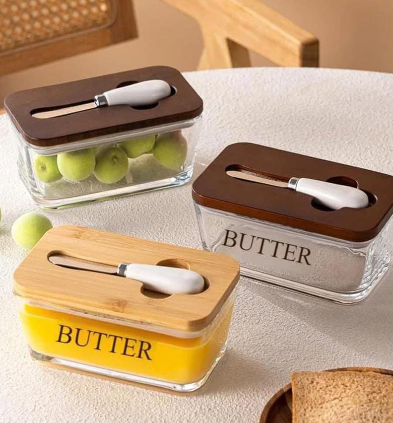 Glass butter bi. With airtight bamboo lid and butter knife. image