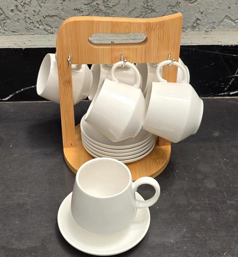 12pc Unique Cappuccino Cups with Bamboo Stand. image