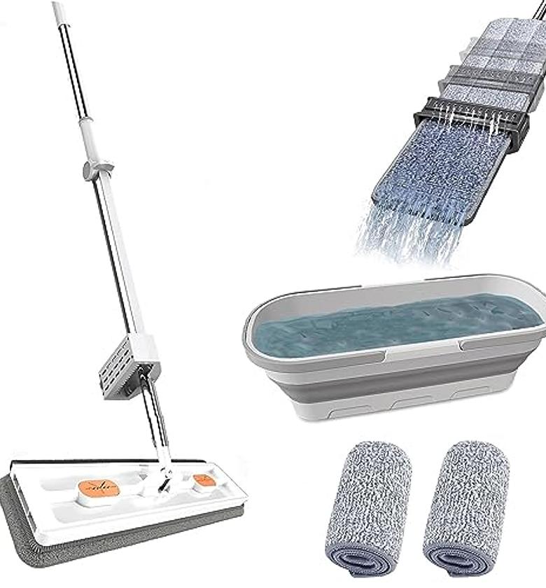 Self Wringing Hand Wash Free Flat Mop With Foldable Bucket image
