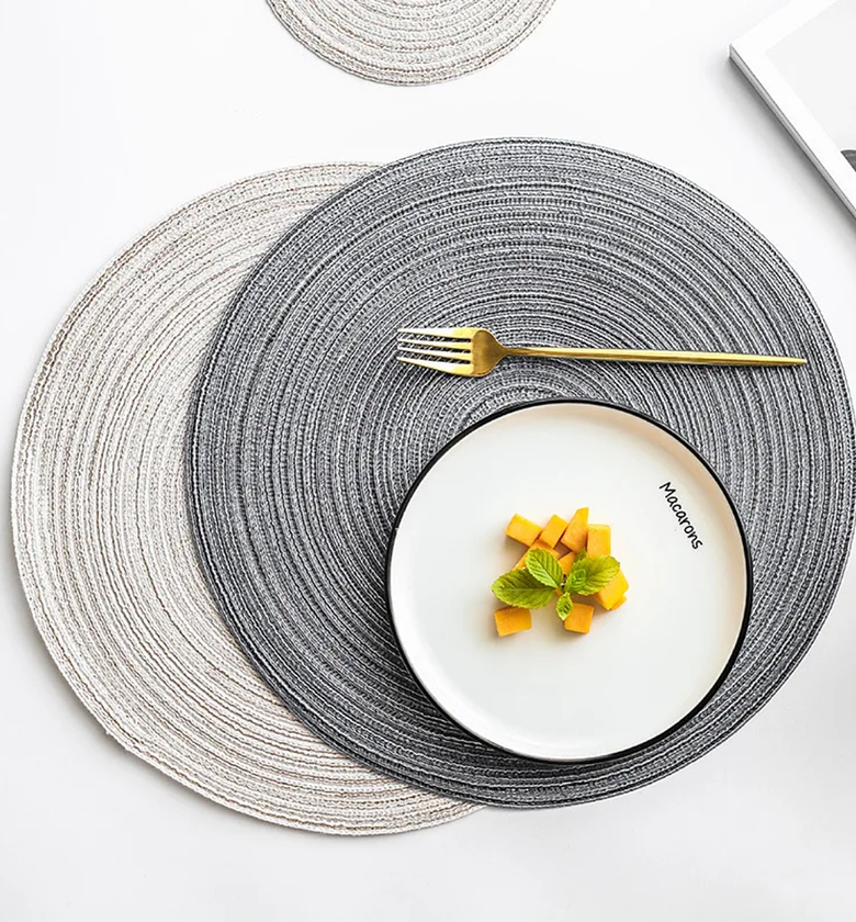 Elegant Round Woven Placemats – Durable & Washable Table Mats in Grey and Beige image