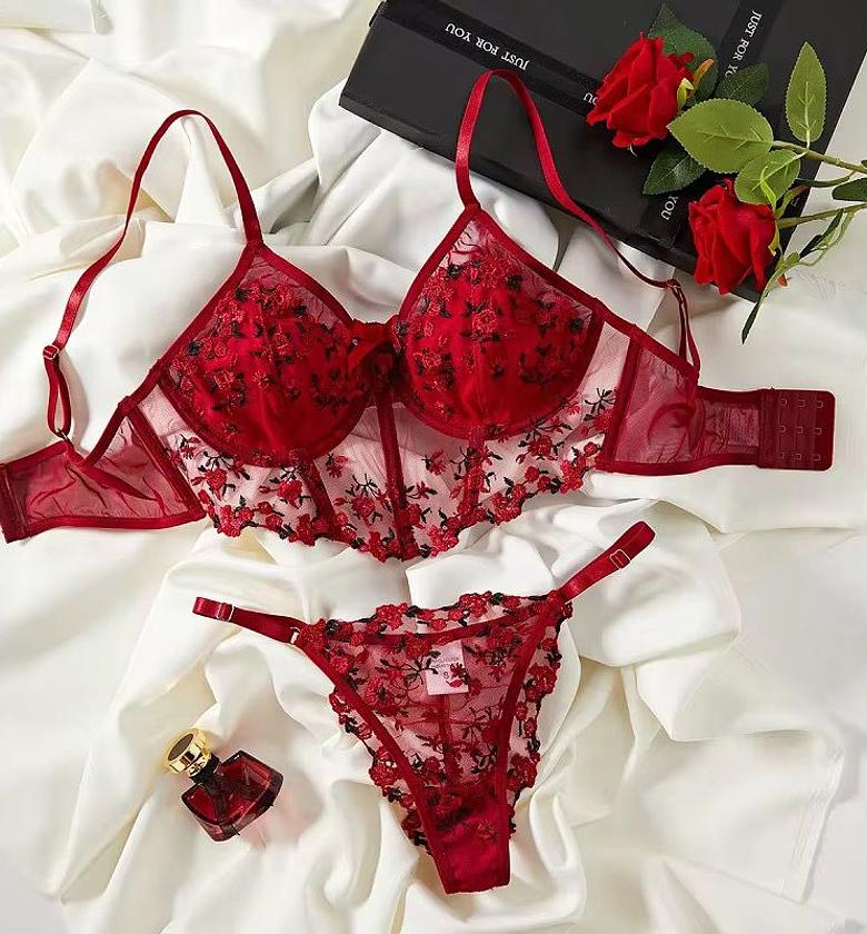 Women's 2 Piece Lingerie Sets Floral Embroidery Push Up Mesh Bra and Panty Sets  image