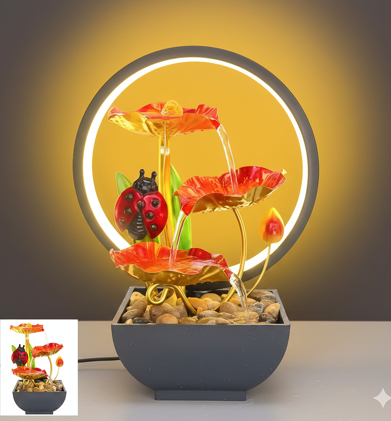 3-Tier LED Lotus Flower Tabletop Water Fountain with Natural River Stones & Ambient Ring Light - Zen Indoor Waterfall Decor image