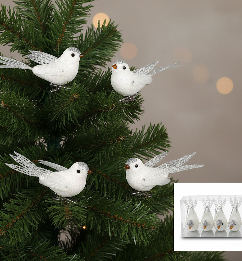 White Glitter Bird Christmas Ornaments Set of 4 image