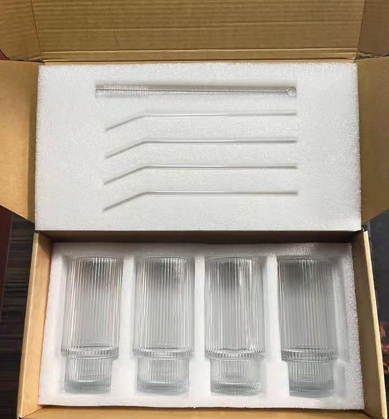 4-Piece Highball Crystal Ribbed Glass Set with Bamboo Lids, Straws & Cleaners image