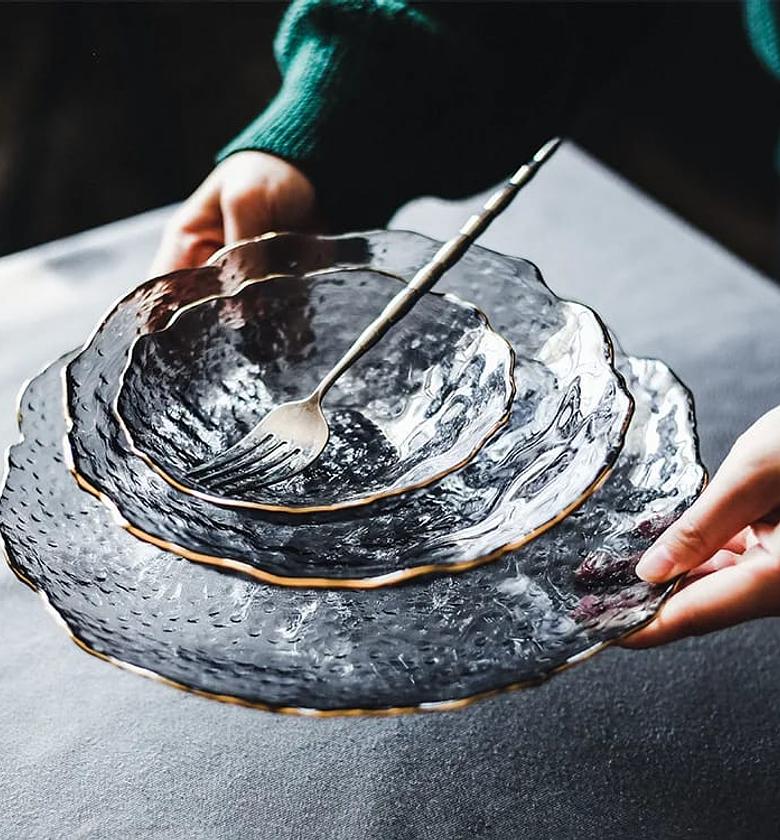  Irregular Glass Dinner Plate & Salad Bowl  3pc Set image