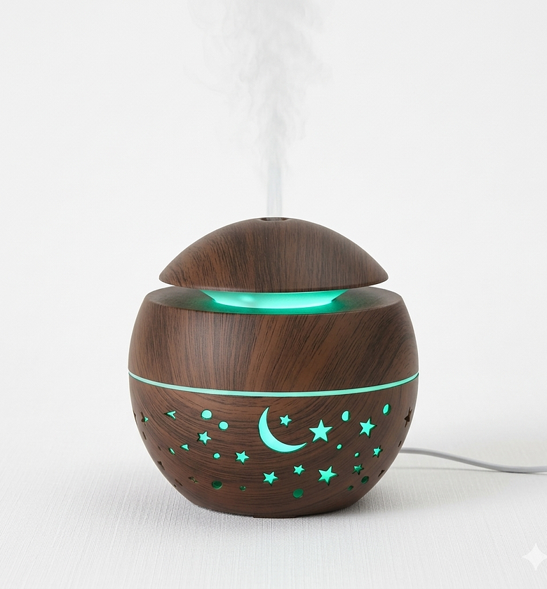 130ml Wood Grain Ultrasonic Humidifier with Moon & Star LED Night Light & Aroma Diffuser for Home, Office, and Baby Room image