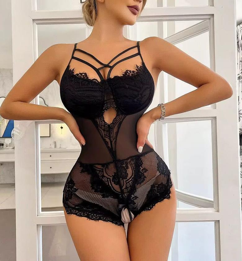 Women's sexy lingerie bodysuit with lace mesh slit, sexy style, bow bow, sheer body, seductive lingerie image