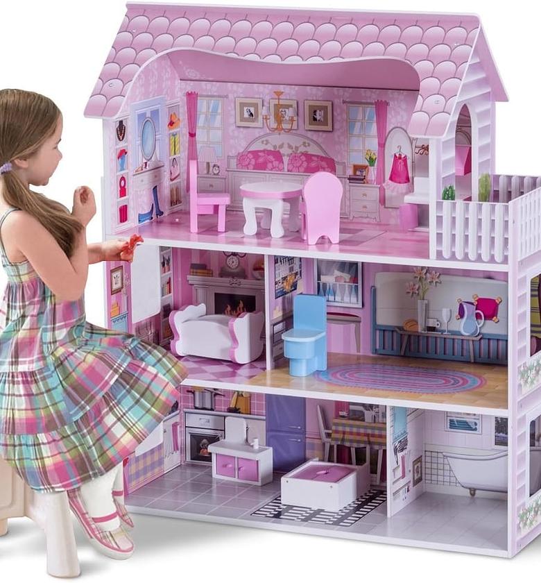 28-inch pink dollhouse with furniture image