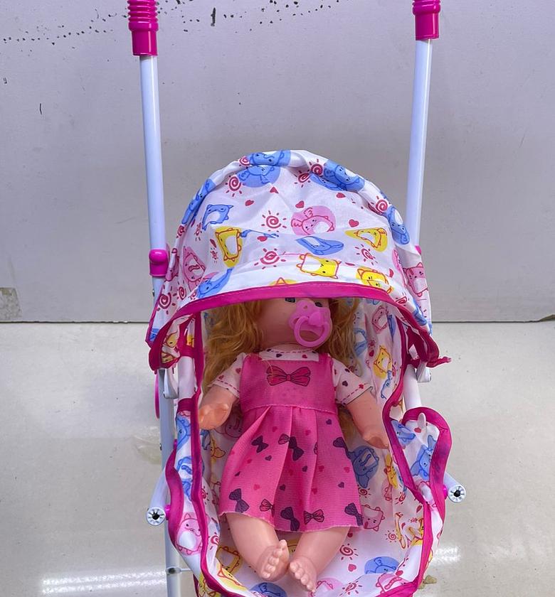 Kids Stroller and Doll. Stroller Doll Toy Set with 30cm Baby Doll – Foldable Kids Pretend Play Stroller for Girls & Boys image