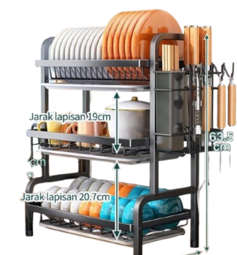 Dish Rack. 3-Tier Dish Rack with Cutlery Holder and Drainer Trays.  image
