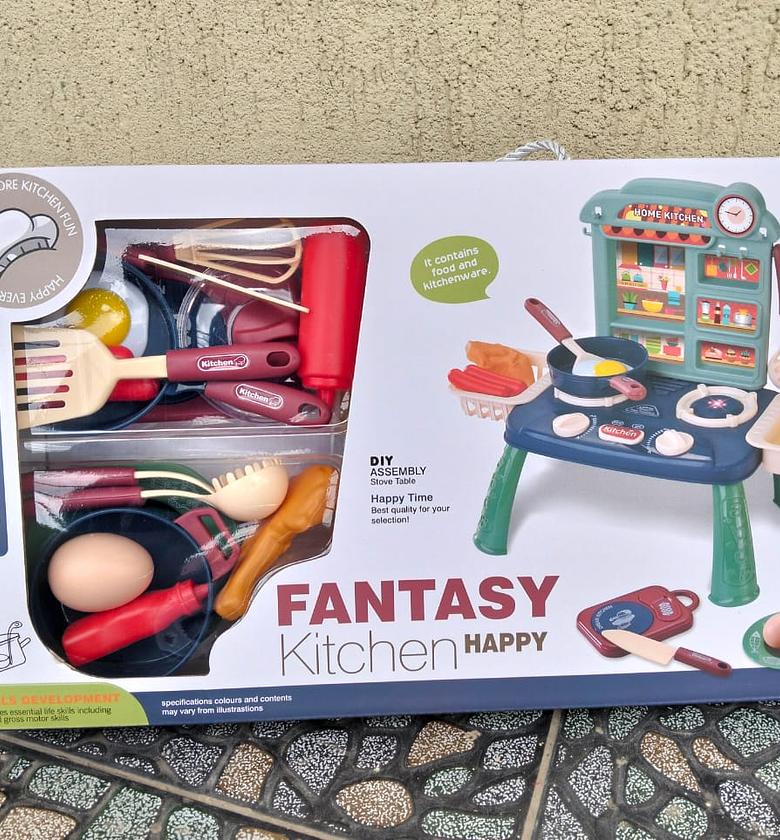 30PCS Fantasy Kitchen Happy". It is a toy kitchen set designed for children aged 3 and above image