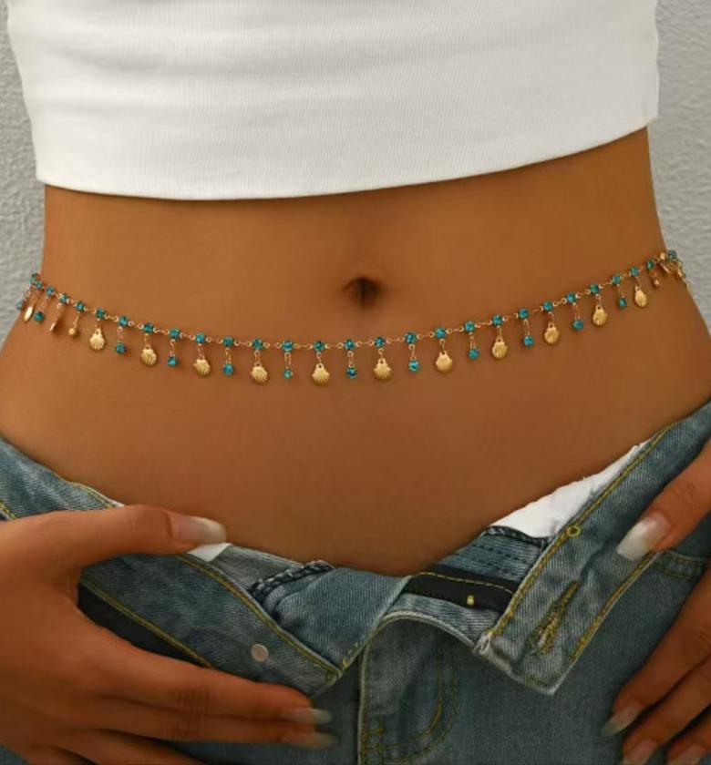 Turquoise & Gold Seashell Dangle Waist Chain image