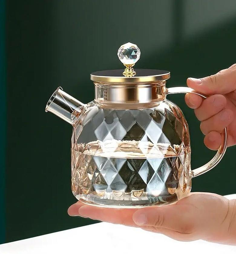 Champagne Color Diamond Texture Surface Glass Kettle Heat-resistant Thicken Glass Household Juice Flower Teapot Nordic  image