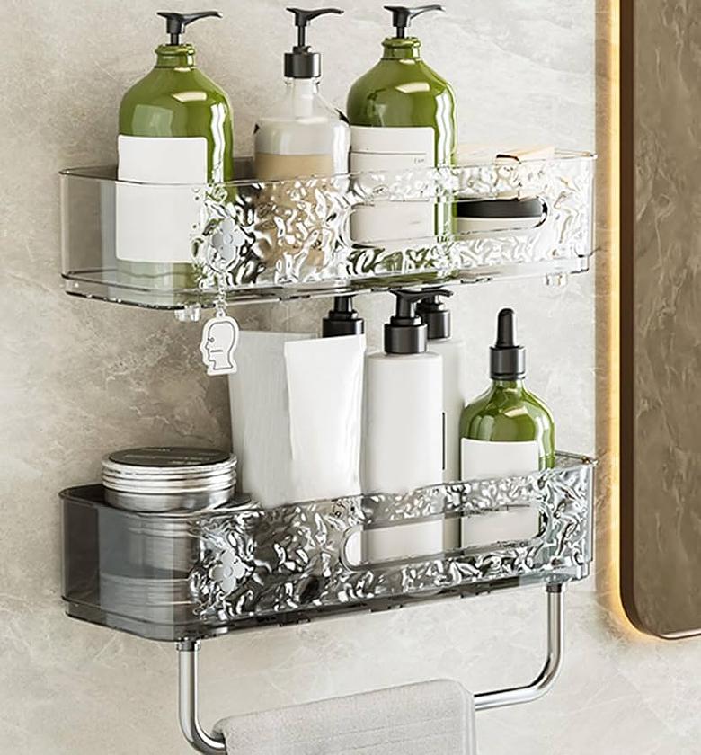 Luxury No-Drill Acrylic Bathroom Organizer with Towel Bar - Premium Transparent Ripple Shower Caddy for Modern Homes image