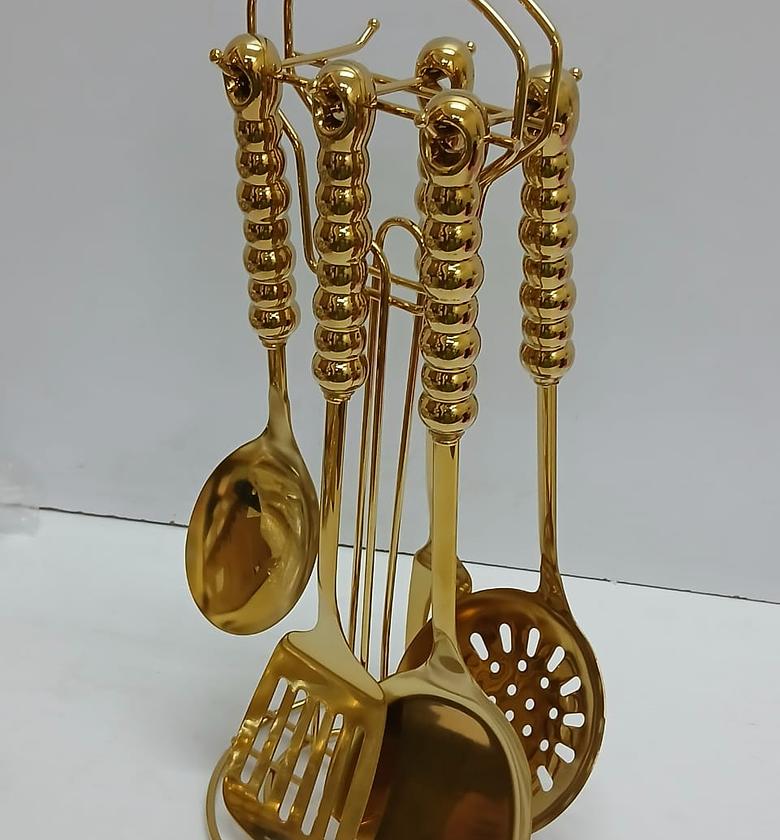 6 in 1 gold vanished serving spoon set with stand and ceramic handle image