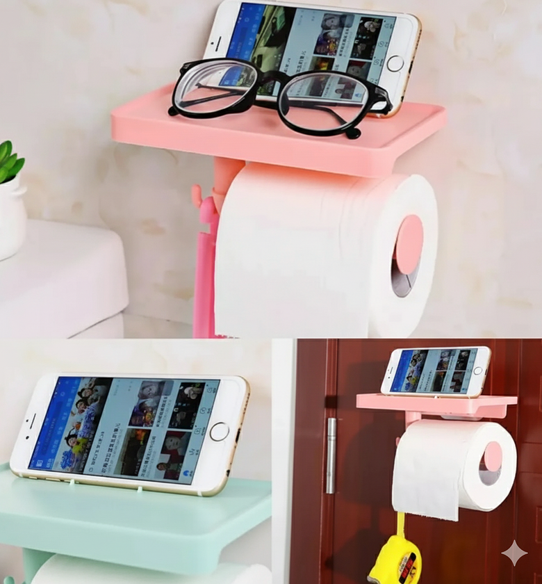 Bathroom Toilet Paper Holder With Phone Shelf Wall Mount image