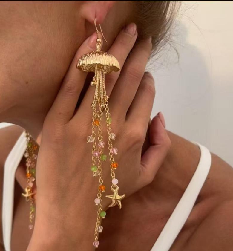 Whimsical Golden Jellyfish & Beaded Dangle Earrings image