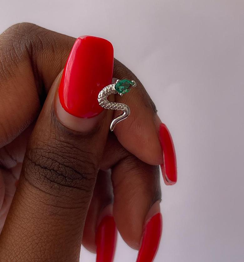 Stainless Steel Serpent Stud with Green Gem  image