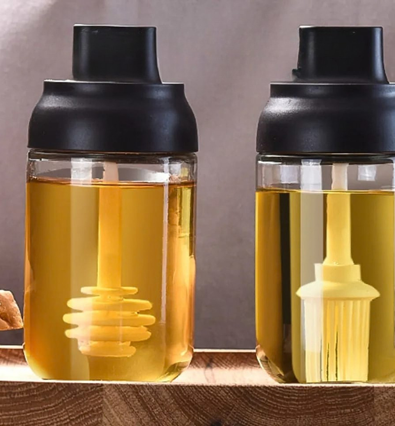 Premium 250ml Glass Condiment Bottle with Integrated Brush and Spoon Lid image
