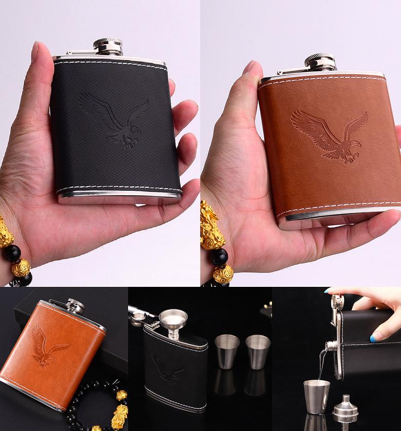 Whiskey Hip Flask Leather Set With Funnel and Tot Cups image