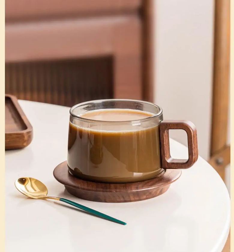 Retro Glass Coffee & Tea Cup with Wooden Handle and Saucer – 250ml image