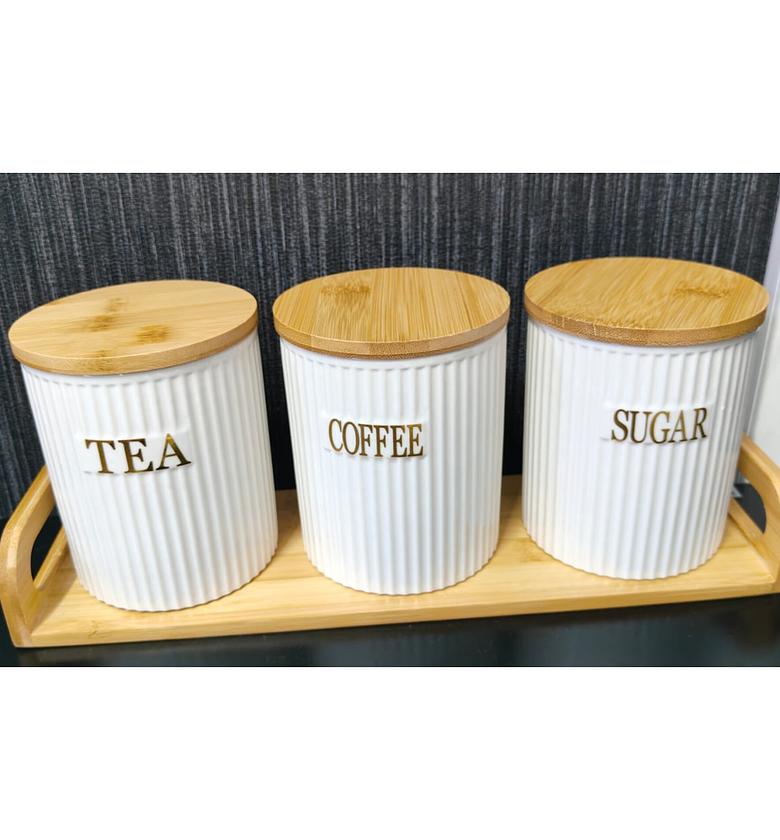 3-Piece Ceramic Canister Set with Airtight Bamboo Lids. image