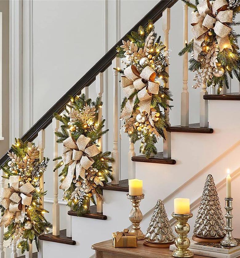 Gold Christmas Stair Garland with Lights Festive Decor image
