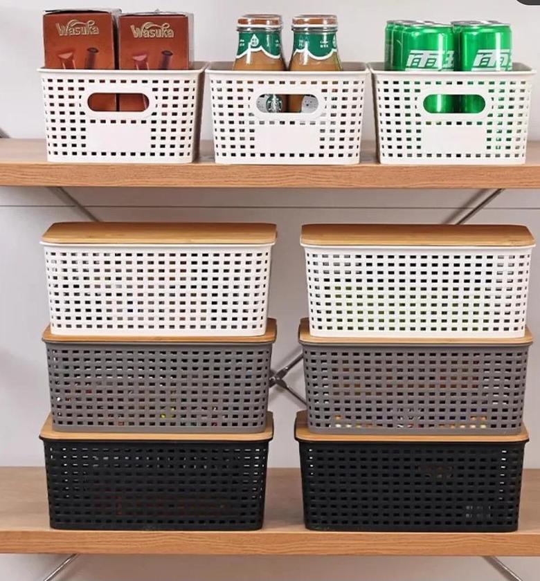 Plastic multipurpose organising basket with bamboo lid image