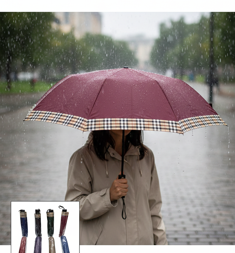 Folding Umbrella with Checkered Trim - Compact Heavy Duty Rain & Sun Protection image
