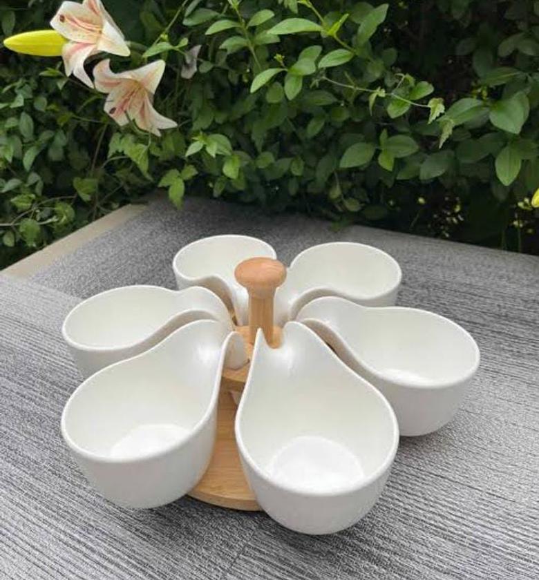 ceramic sauce bowls set with Rotary Bamboo Stand  image