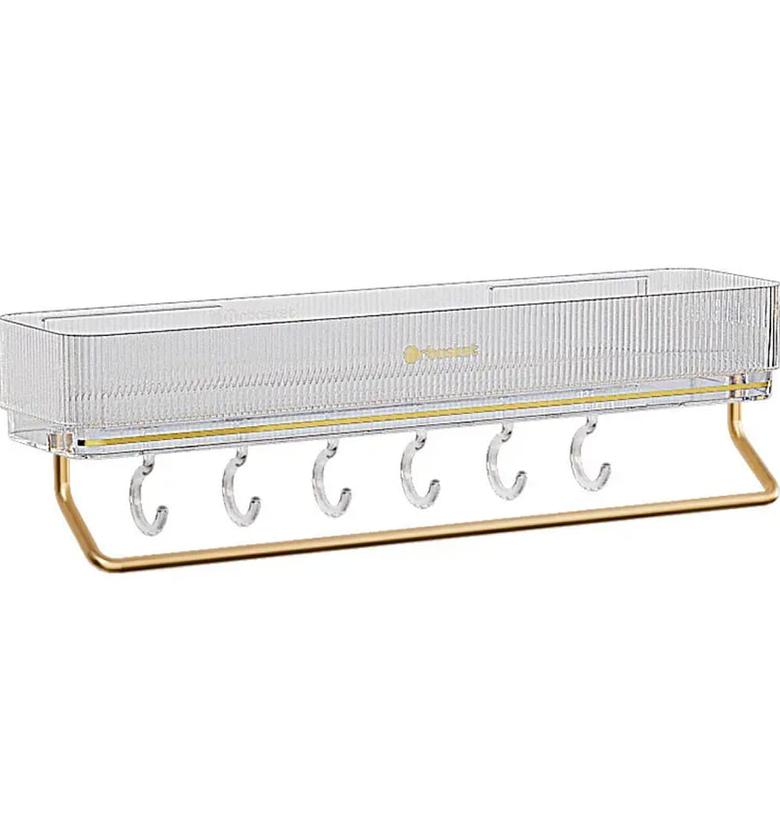 Wall Mounted Bathroom Wall Shelf with Towel Bar and 6 Hooks image