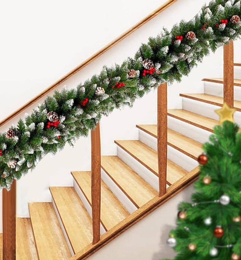 2.7M Deluxe Flocked Christmas Garland with Pine Cones and Red Berries image