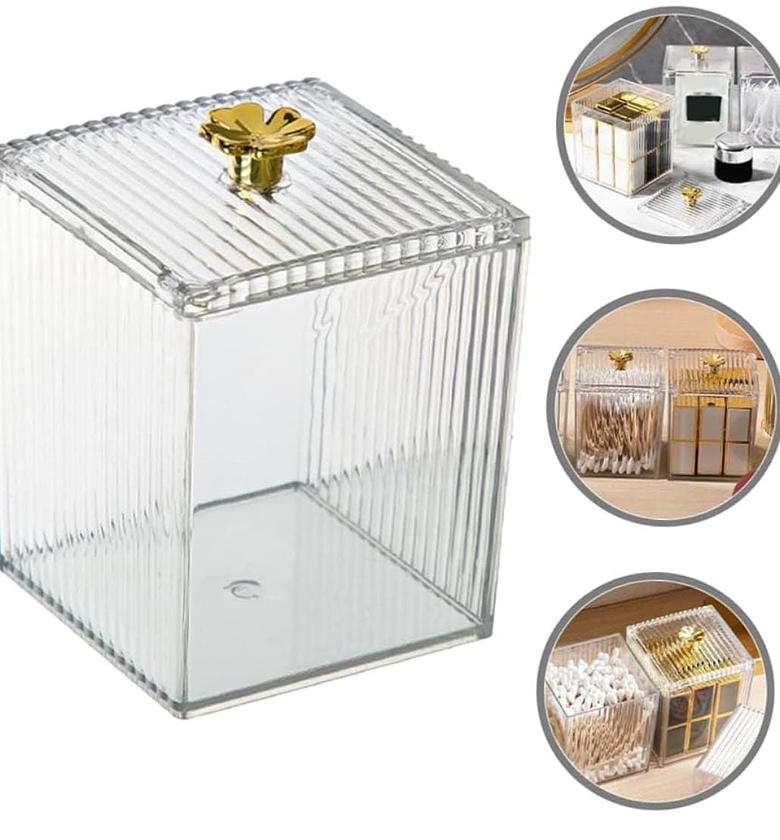 Luxury Ribbed Acrylic Makeup Organizer & Cotton Bud Holder with Gold Flower Lid – Elegant Vanity Storage Box for Home & Salon image