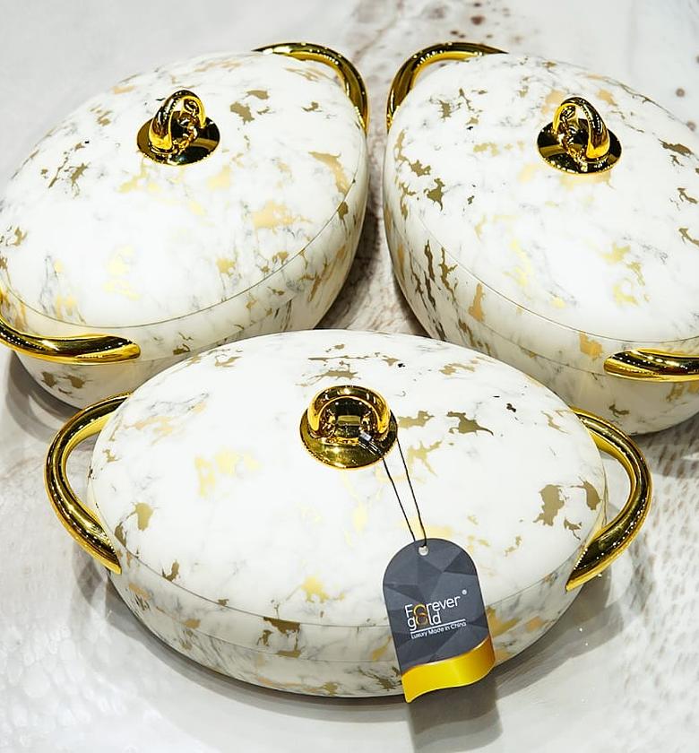 Oval Luxurious Forever Gold Marble Insulated Hotpots – 3-Piece Set image