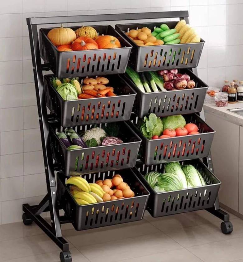 4-Tier Double Multi-Functional Steel Vegetable & Fruit Rack with Lockable Wheels image