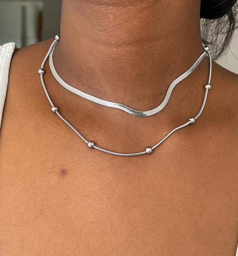 Sleek Dual-Layer Silver Necklace with Bead Accents image