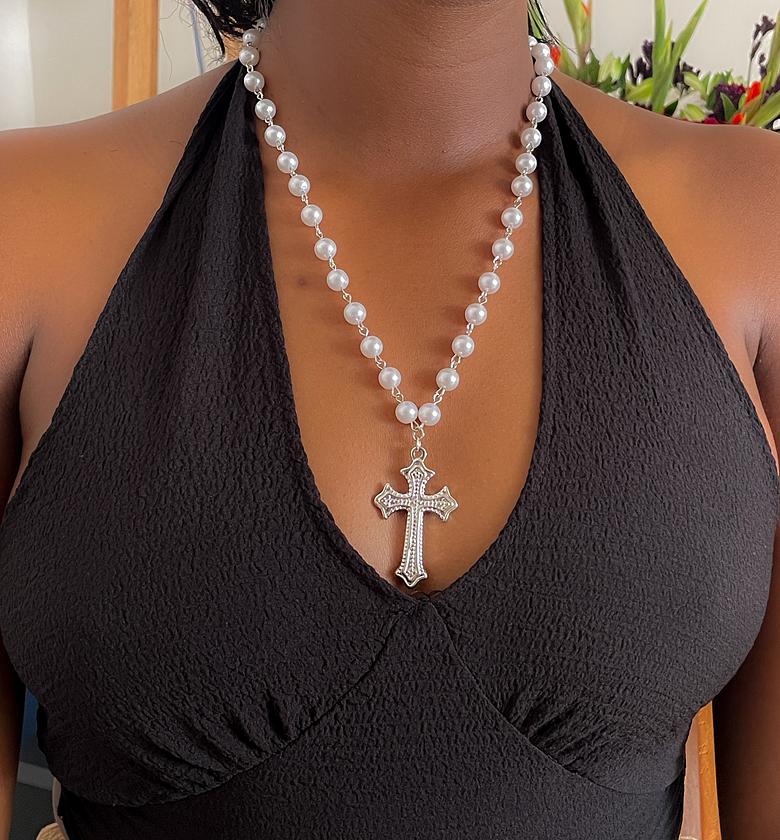 Pearly Cross Rosary Necklace image