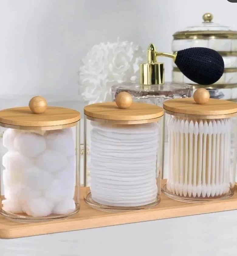 3pcs set acrylic swab storage organizer with bamboo holder image