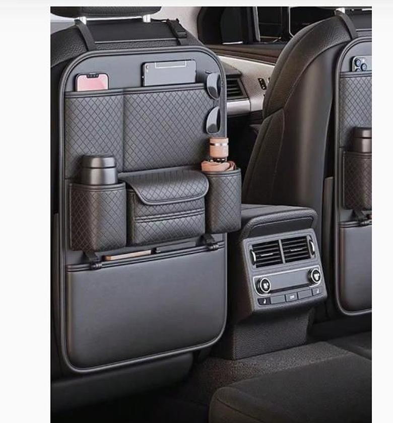 Universal Leather Car Backseat Organizer & Kick Mat Protector with Tissue Holder - Premium Interior Storage for SUVs & Sedans image
