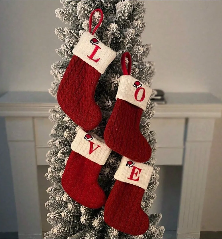 KnitCharm Monogram Christmas Socks with Tree Pendant & Snowflake Design image