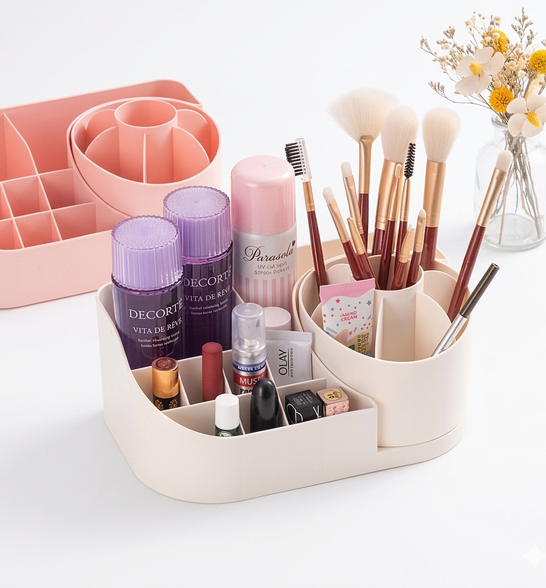 Multi-Compartment Makeup Organizer & Cosmetic Storage Box with Integrated Brush Holder - Professional Vanity Desktop Decor image