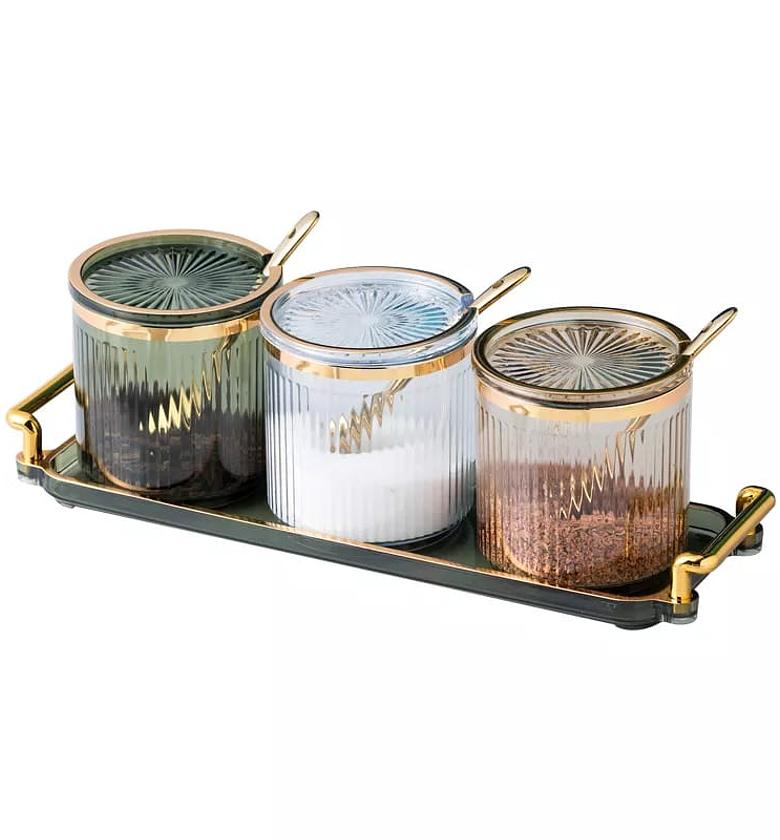 Luxury Acrylic Seasoning Jar Set with Integrated Serving Tray and Golden Spoons image