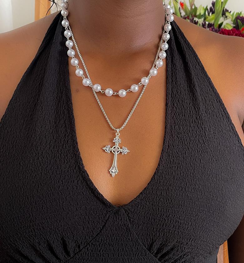 Layered Pearl and Cross Necklace Set image