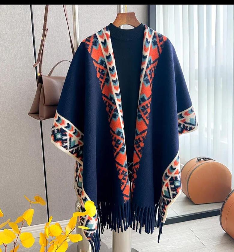 Cashmere Poncho - NAVY BLUE image