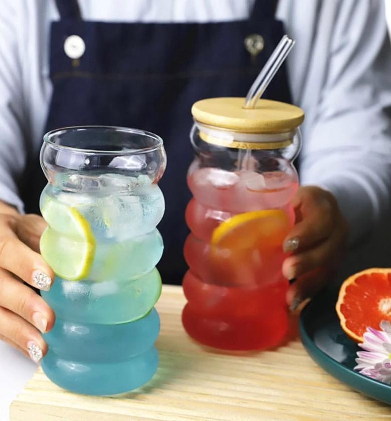 Borosilicate ripple wave glass cup with bamboo lid. image